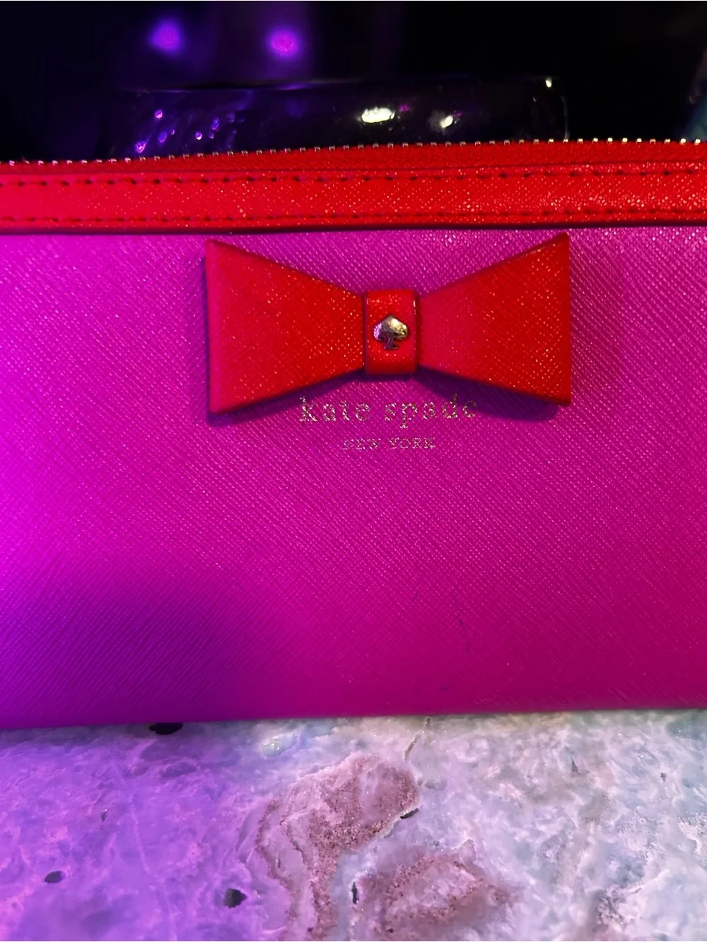 kate spade Hot Pink Cosmetic Case with Red Bow Accent